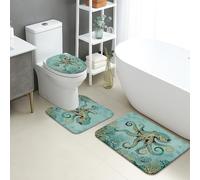 Octopus Quick Dry Bath Mat, Coral Art Absorbent Non Slip Shower Mat, Summer Nautical Flannel Washable Bath Rugs for Bathroom Toilet Decorative 3 Piece Sets