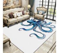Octopus Rugs Living Room Large 140x200 - Blue Tentacles Bedroom Rug, Nautical White Washable Non Slip Low Pile Carpet