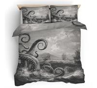 Octopus Sailboat Duvet Cover Set, Gothic Nautical Bedding Set, Soft Breathable Microfiber Single Quilt Cover 2 Piece with Zipper Closure, 1 Duvet Cover 135x200 & 1 Pillowcase S2a1