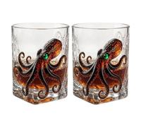 Octopus-Shaped Whiskey Glasses, 3D Deep Sea Old Fashioned Tumbler with Tentacle Design, Clear Reusable Rocks Glass for Scotch Bourbon Cocktails, Novelty Barware Gift for Men Dad Brother (2Pcs)