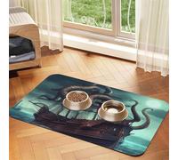Octopus Ship Dog Food Mats for Floors, 12x18 Inch Non-Slip Super Absorbent Pet Food Mat, Dishwasher Dog Mat for Food and Water, Cute Rubber Quick Dry Pet Feeding Mat for Dogs Puppy Cats
