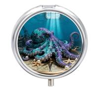 Octopus Shipwreck Compass Pill Box 3-Compartment Travel Pill Organizer Portable Round Medicine Case with Mirror Design for Vitamins, Jewelry & Essentials Durable Pocket Pillbox for Purse, Camping