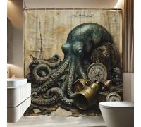 Octopus Shower Curtain, Artistic Blue Green Nautical Shower Curtain for Bathroom Decor, Ocean Theme Modern Vintage Waterproof Fabric Shower Curtain Set with Hooks 72x78 Inch