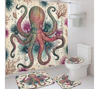Octopus Shower Curtain Sets, Marine Artistic Coral Anemone Summer Teal Waterproof Fabric Bathroom Bathtub Shower Curtain Sets with Rugs Decorative for Toile Guest Room 72x72 Inch