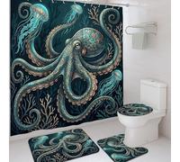 Octopus Shower Curtain Sets, Underwater Artistic Jellyfish Coral Summer Teal Waterproof Fabric Bathroom Set with Print Cloth Curtains and Rugs for Home Bath Toile Hotel Decor 72x72 Inch