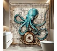 Octopus Shower Curtain, Teal Nautical Marine Shower Curtain for Bathroom Decor, Summer Coastal Art Waterproof Fabric Shower Curtain Set with Hooks 62x72 Inch
