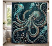 Octopus Shower Curtain, Underwater Artistic Jellyfish Coral Summer Teal Waterproof Fabric Clawfoot Tub Shower Curtains Decor for Bathroom Guest Room 54x78 Inch