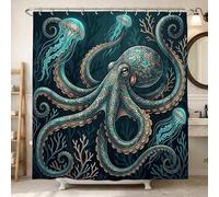 Octopus Shower Curtain, Underwater Artistic Jellyfish Coral Summer Teal Waterproof Fabric Clawfoot Tub Shower Curtains Decor for Toile Bathroom Dorm 62x72 Inch