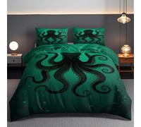 octopus single duvet cover set,Mysterious creatures of the deep sea duvet cover Soft Microfibre Polyester Green seawater Bedding Quilt Set,Wild animals sea monsters 135 x 200cm Cover with Pillow cases