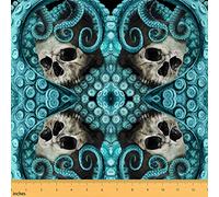 Octopus Skull Upholstery Fabric for Chairs,Teal Octopus Tentacles Skeleton Fabric by The Yard,Marine Ocean Kraken Fabric for Upholstery and Home DIY Projects,1 Yard,(L92*W150cm) Teal Gray