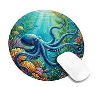 Octopus Small Mouse Pad, Marine Vibrant Coral Fish Summer Blue Round Rubber Washable Stitched Edge Cloth Mousepad Accessories for Office Home Computer Laptop Round 8x8 Inch