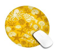 Octopus Small Mouse Pad, Nautical Playful Starfish Shell Summer Yellow Round Rubber Washable Portable Cloth Mousepad Desk Decor for Office Home Dorm Laptop Round 8x8 Inch