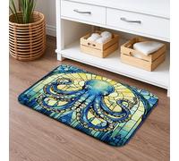 Octopus Stained Glass Quick Dry Bath Mat, Colorful Ocean Creatures Absorbent Non Slip Shower Mat, Nautical Memory Foam Washable Bath Rugs for Bathroom 20x32 Inch
