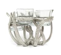 Octopus Tealight Candle Holder | Nautical Octopus with 4 Glass Candle Holders | Silver Aluminium Tea Light Candelabra - 19x17cm