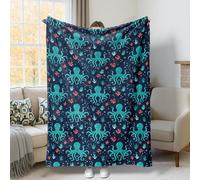 Octopus Throw Blanket, Ocean Playful Coral Seaweed Summer Teal Plush Blanket Lightweight Compact Aesthetic for Couch Sofa Bed Living Room Office Lap 40x50 Inch
