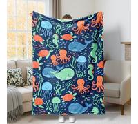 Octopus Throw Blanket, Ocean Playful Whale Turtle Summer Blue Flannel Blanket Soft Lightweight Decorative for Couch Sofa Bed Office Chair Recliner 40x60 Inch