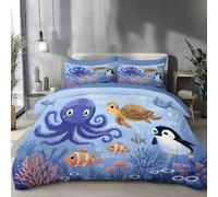 Octopus Turtle Penguin Duvet Insert Cover 3 Pieces Ultra-Soft Microfibre Cartoon Marine Animals Quilt Cover 2 Pillowcases Concealed Zipper Bed Linen Teens Room 200x200cm