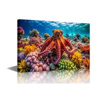 Octopus Wall Art,Vibrant Pacific Octopus Picture Canvas Wall Decor Print Octopus Camouflaged Among Colorful Coral in Ocean Paintings for Living Room Bedroom Office Decoration Framed 36"Wx24"H