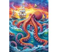 Octopus with Ship in Magical Ocean 1000 Pieces Set Classic Jigsaw Puzzle Magical Accompany Fairy Tale Teen Fans 14-18 Yrs Brain Training Logic Skill Leisure Adventure Valentines Recycled Cardboard 10