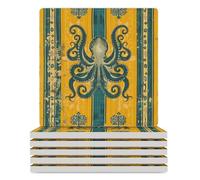 Octopus Yellow Green Ethnic Traditional Pattern Coasters Square Ceramic Tiles for Crafts with Cork Base Tabletop Protection Home Decor 6PCS