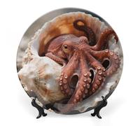 OctopusIn Shell Bone China Decorative Plate with Display Stand, 8inch Porcelain Wall Hanging Plate for Home Office Decor, Elegant Round Ceramic Plates for Home Decor & Gift Idea