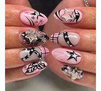 octoswave OCTOSWAVE Almond Rose Black Long False Nails Y2K with Silver Stars 3D Set of 24 Glitter Nails Stickers Set with Gelatin Sticker, Preparation Pad, File and
