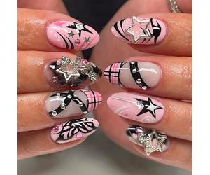 octoswave OCTOSWAVE Almond Rose Black Long False Nails Y2K with Silver Stars 3D Set of 24 Glitter Nails Stickers Set with Gelatin Sticker, Preparation Pad, File and