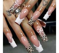 octoswave OCTOSWAVE Long Square False Nails French Tip Nude Pink Leopard Print Bow 24pcs False Nails Set with Jelly Stickers, Prep Pads