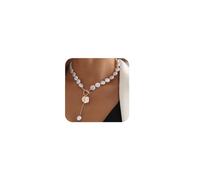 Octwine Boho Round Imitation Pearl Layered Choker Necklace Multi Strands Vintage Choker 1920s Bridal Wedding Y Long Halloween Sequin Necklace for Women (Gold)