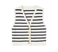 OCUH Women's White Striped Cable Knit Sweater Vest, Sleeveless, Open Neck, Regular Fit, Waist-Length, Lightweight, Old Money Aesthetic, Size M