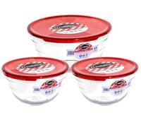 Ôcuisine® Glass Round Mixing Bowl Set of 3 with Red Lids - 2 x 1L & 2L | Extreme Resistance | Oven Safe - Freezer Safe - Microwave Safe | Borosilicate Glass | Made in France