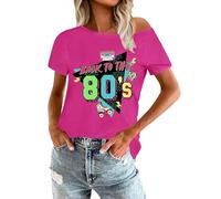 OCURHU 80s Shirts for Women Retro Off The Shoulder Top Disco 80s 90s Theme Party Outfit, C-neon Pink, Medium
