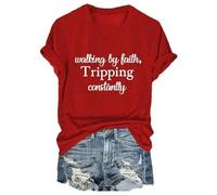 Ocuuer Walking by Faith Tripping Constantly Religious Faith Tshirt Women (Red L) (L Red)