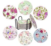 Ocves Coasters Set of 6, Absorbent Ceramic Drink Coasters with Holder, Round Coaster with Non-Slip and Scratch Resistant Cork Base for Coffee Table, Home Decor, Housewarming Gift (Rose)