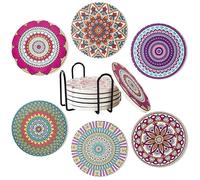 Ocves Coasters Set of 6, Absorbent Ceramic Drink Coasters with Holder, Round Coaster with Non-Slip and Scratch Resistant Cork Base for Coffee Table, Home Decor, Housewarming Gift (Mandala)