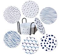 Ocves Coasters Set of 6, Absorbent Ceramic Drink Coasters with Holder, Round Coasters with Non-Slip and Scratch Resistant Cork Base for Coffee Table, Home Decor, Housewarming Gift (Ocean)