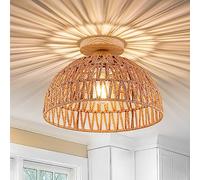OCWHT Boho Rattan Ceiling Light Fixtures Boho Lamp Shade Flush Mount Ceiling Light Hand-Woven Small Chandelier Wooden Base Chandelier Light for Hallway Bedroom Kitchen Nursery