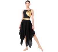 ODASDO Lyrical Dance Costumes for Women Contemporary Dancewear Sleeveless Cut Out Front Mesh Tulle Maxi Dress XS-XL, Black + Gold, XL