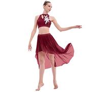 ODASDO Women 2 Piece Lyrical Dance Costume Adult Modern Contemporary Dancewear Sequin Crop Top Mesh Tulle Leotard Skirt, Wine Red, M