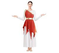 ODASDO Women Liturgical Worship Praise Dance Costume White Long Sleeve Maxi Dress Multi Way Wrap Handkerchief Chiffon Skirt Set Metallic Color Block Lyrical Dancewear Stage Performance Red + Orange XS