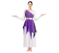 ODASDO Women Liturgical Worship Praise Dance Costume White Long Sleeve Maxi Dress Multi Way Wrap Handkerchief Chiffon Skirt Set Metallic Color Block Lyrical Dancewear Stage Performance Purple M