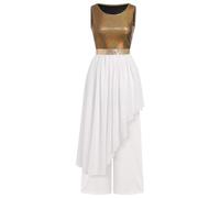 ODASDO Women Liturgical Worship Praise Dance Costumes Sleeveless Overlays Top Dress + Wide Leg Pants 2pcs Set Dancewear, Golden, XXL