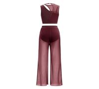 ODASDO Women Lyrical Dance Costumes Two Piece Outfit Tank Crop Tops with Mesh Wide Leg Pants Set, Wine Red, XS