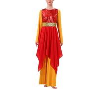 ODASDO Women Praise Dance Costume Liturgical Worship Handkerchief Chiffon Overlay Tunic Top Long Sleeve Wide Leg Jumpsuit Set, Red, Medium