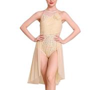 ODASDO Women's Lyrical Dance Costumes Sleeveless Sequin Mesh Tulle Flowy Leotard Dress for Recital Solo Stage Performance, Champagne, XS