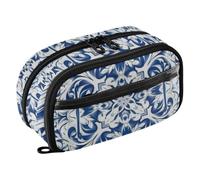 ODAWA Blue White Floral Big Capacity Portable Stationery Bag for Artists, 8.3"x 3.1"x 4.9"