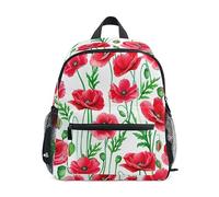 ODAWA Cherry Blossom Blue Sky Kids Backpack with Name Tag, 12 Inch Backpack for Boys Girls Kindergarten Backpacks, Red Watercolor Poppies White, M