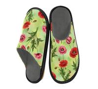 ODAWA Red Pink Flowers Green Warm Non Slip Fall House Slippers, Memory Foam Mens Slip On House Shoes Size 6.5-7