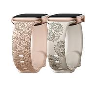 Odbeai Engraved Floral Band Compatible with Apple Watch Bands for Women 38mm 40mm 41mm 42mm 44mm 45mm 46mm 49mm, Soft Silicone Sport Strap iWatch Bands for Women, A-Milk Tea + Starlight, 38mm/40mm