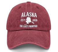 ODCRAT Alaska The Last Frontier Washed Denim Dad Hat Unisex Baseball Cap, Embroidered-wine Red, One size